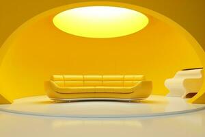 Futurism yellow living room with copy with sofa and plants space in the future.Created with Generative AI technology. photo