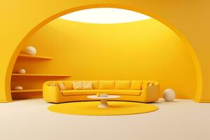 Futurism yellow living room with copy with sofa and plants space in the future.Created with Generative AI technology. photo