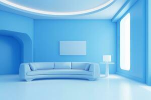 Futurism blue living room with copy with sofa and plants space in the future.Created with Generative AI technology. photo