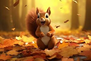 Cute squirrel in the autumn forest with autumn leaves. photo