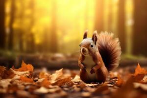 Cute squirrel in the autumn forest with autumn leaves. photo