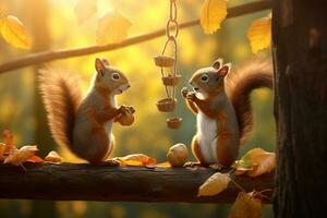 Cute squirrel in the autumn forest with autumn leaves. photo