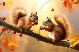 Cute squirrel in the autumn forest with autumn leaves. photo