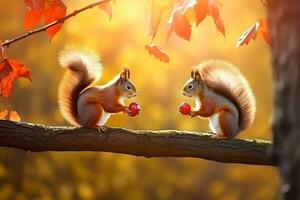 Cute squirrel in the autumn forest with autumn leaves. photo