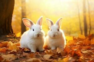 Cute rabbit in the autumn forest with autumn leaves.Created with Generative AI technology. photo