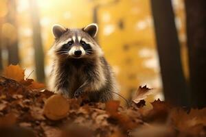 Cute Raccoon in the autumn forest with autumn leaves.Created with Generative AI technology. photo