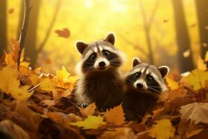 Cute Raccoon in the autumn forest with autumn leaves.Created with Generative AI technology. photo