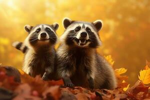 Cute Raccoon in the autumn forest with autumn leaves.Created with Generative AI technology. photo