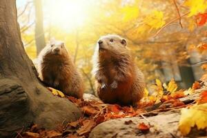 Cute groundhogs in the autumn forest with autumn leaves.Created with Generative AI technology. photo