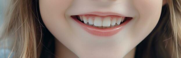 Close up of a little girl smiling with clean teeth.Health concept.Created with Generative AI technology. photo