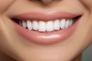 cerca arriba de un mujer sonriente con limpiar dientes.salud concepto.creado con generativo ai tecnología. foto