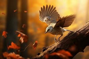 Cute bird in the autumn forest with autumn leaves.Created with Generative AI technology. photo
