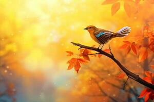 Cute bird in the autumn forest with autumn leaves.Created with Generative AI technology. photo