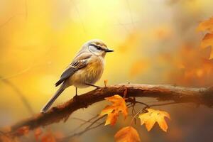 Cute bird in the autumn forest with autumn leaves.Created with Generative AI technology. photo