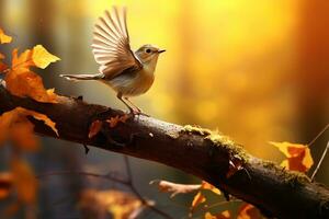 linda pájaro en el otoño bosque con otoño hojas.creadas con generativo ai tecnología. foto