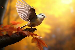 Cute bird in the autumn forest with autumn leaves.Created with Generative AI technology. photo