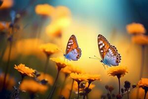 macro fotografía, mariposas en el flores con Mañana ligero con Copiar espacio.creado con generativo ai tecnología. foto