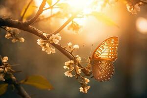 Macro photography, butterflies in the flowers with morning light with copy space.Created with Generative AI technology. photo