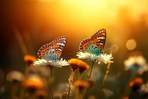 Macro photography, butterflies in the flowers with morning light with copy space.Created with Generative AI technology. photo