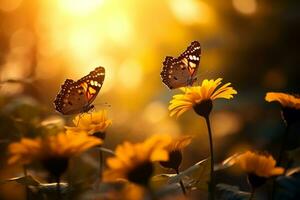 macro fotografía, mariposas en el flores con Mañana ligero con Copiar espacio.creado con generativo ai tecnología. foto