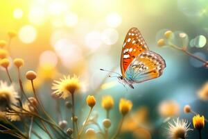 Macro photography, butterflies in the flowers with morning light with copy space.Created with Generative AI technology. photo