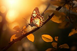 Macro photography, butterflies in the flowers with morning light with copy space.Created with Generative AI technology. photo