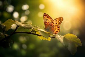 Macro photography, butterflies in the flowers with morning light with copy space.Created with Generative AI technology. photo