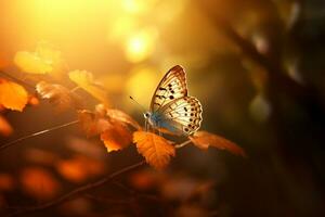Macro photography, butterflies in the flowers with morning light with copy space.Created with Generative AI technology. photo