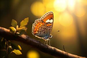 macro fotografía, mariposas en el flores con Mañana ligero con Copiar espacio.creado con generativo ai tecnología. foto