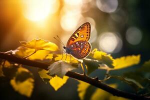 Macro photography, butterflies in the flowers with morning light with copy space.Created with Generative AI technology. photo