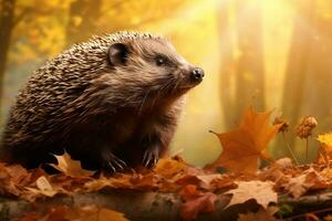 Cute groundhogs in the autumn forest with autumn leaves.Created with Generative AI technology. photo