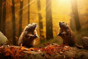 Cute groundhogs in the autumn forest with autumn leaves.Created with Generative AI technology. photo