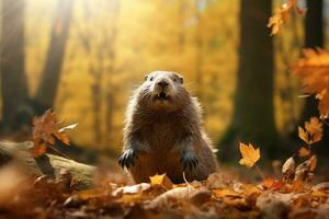 Cute groundhogs in the autumn forest with autumn leaves.Created with Generative AI technology. photo