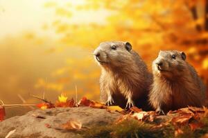 Cute groundhogs in the autumn forest with autumn leaves.Created with Generative AI technology. photo