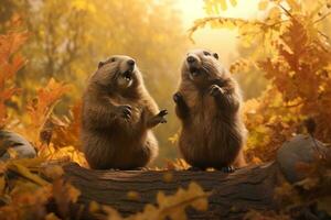 Cute groundhogs in the autumn forest with autumn leaves.Created with Generative AI technology. photo