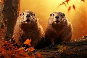 Cute groundhogs in the autumn forest with autumn leaves.Created with Generative AI technology. photo