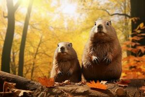 linda marmotas en el otoño bosque con otoño hojas.creadas con generativo ai tecnología. foto