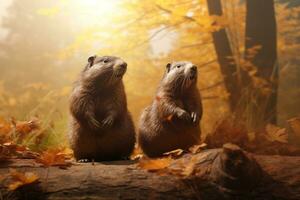 Cute groundhogs in the autumn forest with autumn leaves.Created with Generative AI technology. photo