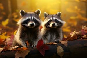 Cute Raccoon in the autumn forest with autumn leaves.Created with Generative AI technology. photo