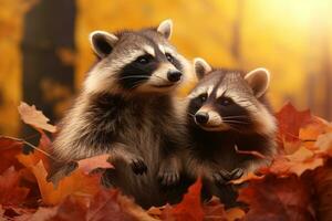 Cute Raccoon in the autumn forest with autumn leaves.Created with Generative AI technology. photo
