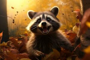 Cute Raccoon in the autumn forest with autumn leaves.Created with Generative AI technology. photo