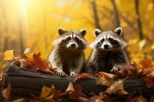 Cute Raccoon in the autumn forest with autumn leaves.Created with Generative AI technology. photo