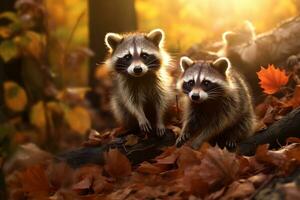 Cute Raccoon in the autumn forest with autumn leaves.Created with Generative AI technology. photo