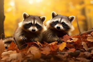 Cute Raccoon in the autumn forest with autumn leaves.Created with Generative AI technology. photo