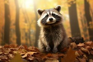 Cute Raccoon in the autumn forest with autumn leaves.Created with Generative AI technology. photo