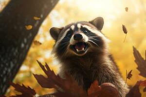 Cute Raccoon in the autumn forest with autumn leaves.Created with Generative AI technology. photo