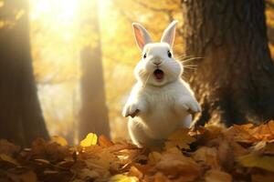 Cute rabbit in the autumn forest with autumn leaves.Created with Generative AI technology. photo