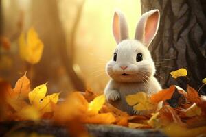 Cute rabbit in the autumn forest with autumn leaves.Created with Generative AI technology. photo