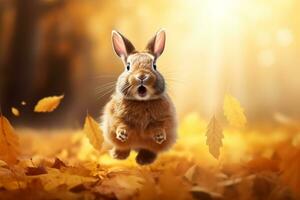 Cute rabbit in the autumn forest with autumn leaves.Created with Generative AI technology. photo