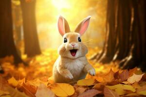 Cute rabbit in the autumn forest with autumn leaves.Created with Generative AI technology. photo